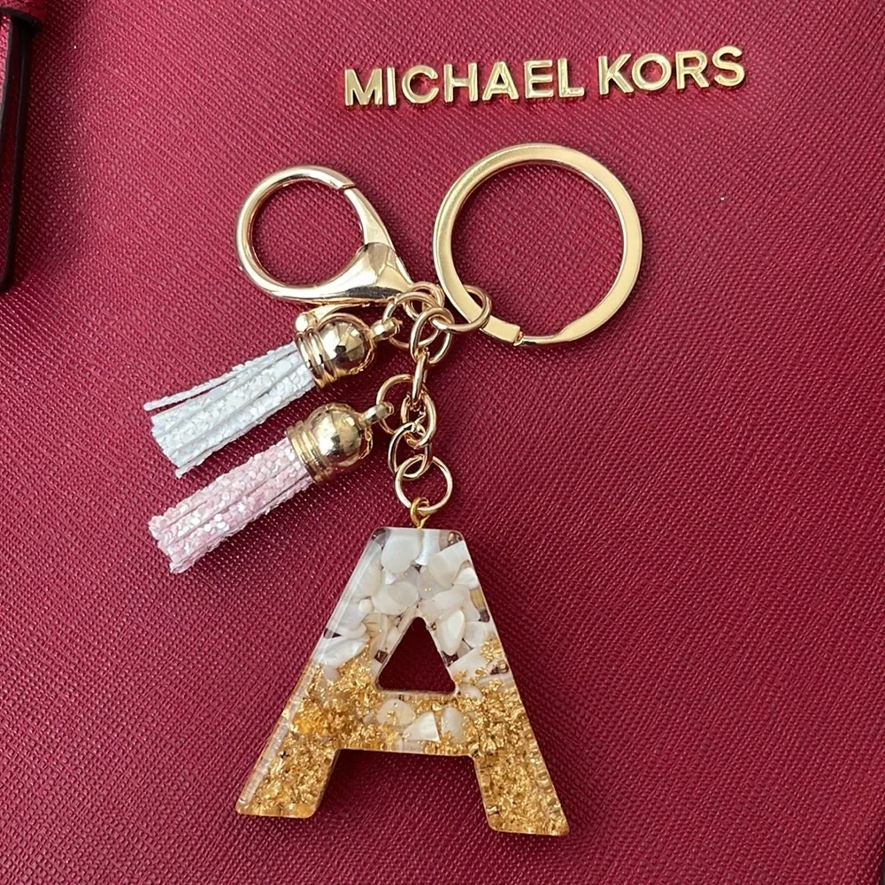 🆕 Letter A Keychain Charm Gold Glitter Pendant Tassel Key Ring for Handbags